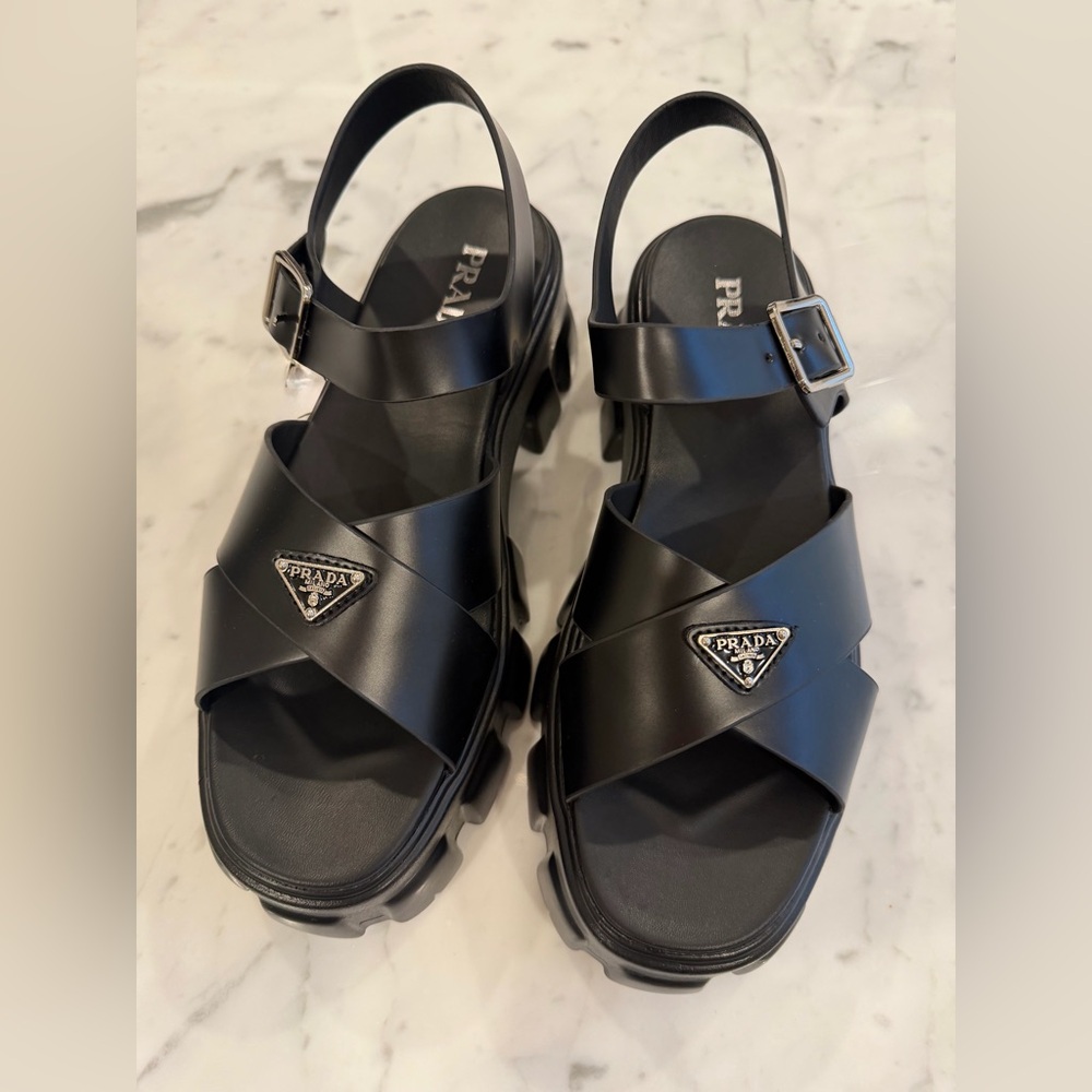 New Black Leather Monolith Sandals size 39/8US